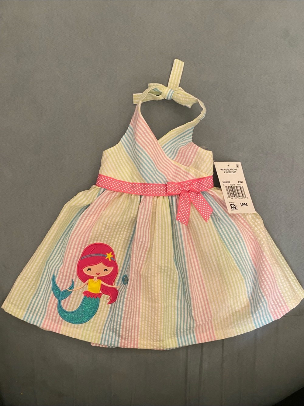 Rare Editions Pastel Stripe Halter Dress with Pink Polka Dot Bow